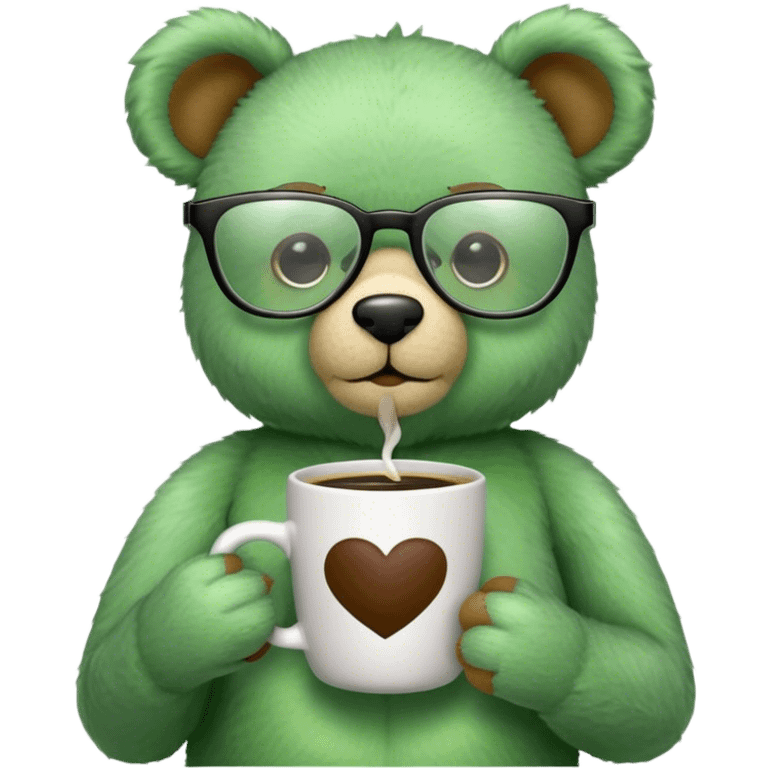 Green teddy bear wearing glasses and drinking coffee emoji