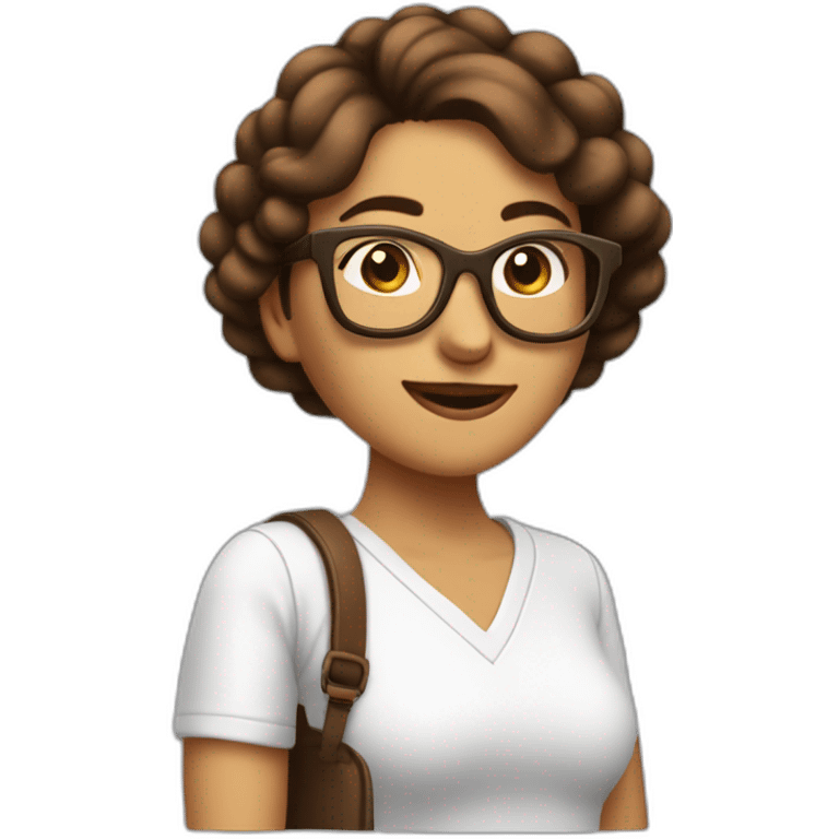 mujer riendo con piel de color blanco con gafas cabello hasta el hombro y de color marron con un computador emoji