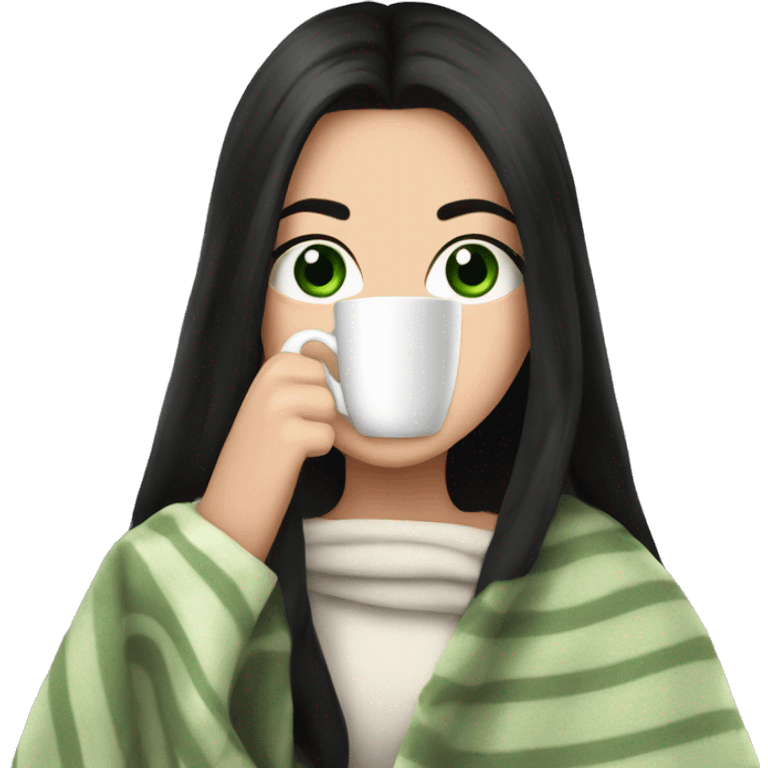 A pretty white girl with very long black hair and green eyes in a light pink blanket sipping coffee emoji