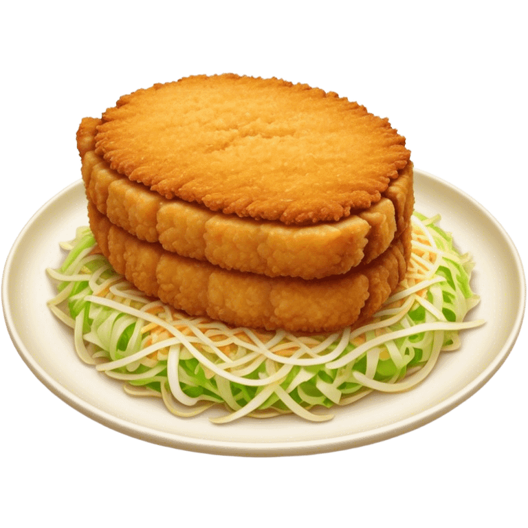 Cinematic Realistic Tonkatsu Dish Emoji, featuring a golden, breaded pork cutlet served with shredded cabbage rendered with rich textures and vibrant, dynamic lighting. emoji