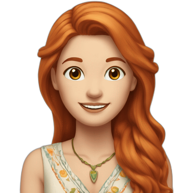 redhead white woman medium long straight hair, greets smiling, wearing boho dress emoji