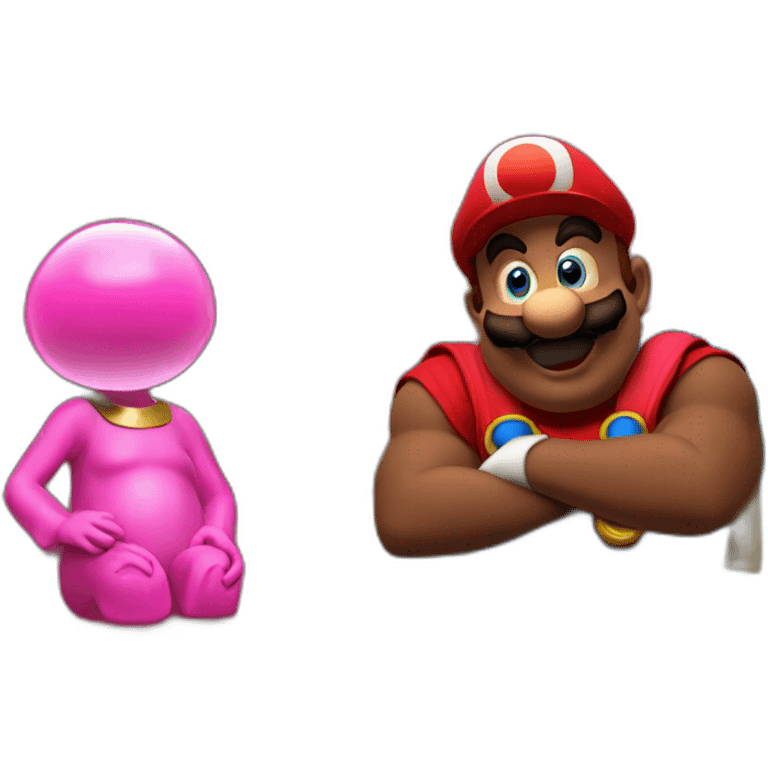 mario and a pink teletubby sitting at a brown table emoji