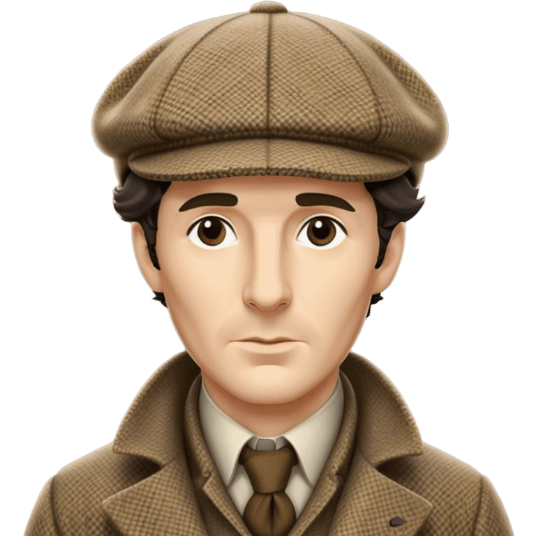 sherlock holmes, wearing a deerstalker hat with the fabric is often tweed, which features a subtle checkered or herringbone pattern with darker and lighter threads woven together, creating texture and depth.  emoji