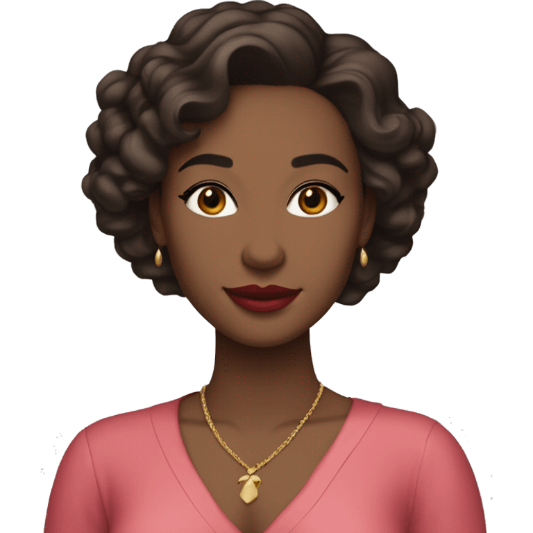 She has soft features, fair skin, and almond-shaped eyes. Her defined eyebrows and natural pink lips frame her face. Her dark, wavy hair is partially tied back, giving her an elegant yet relaxed look. She wears a luxurious red V-neck dress.
 emoji