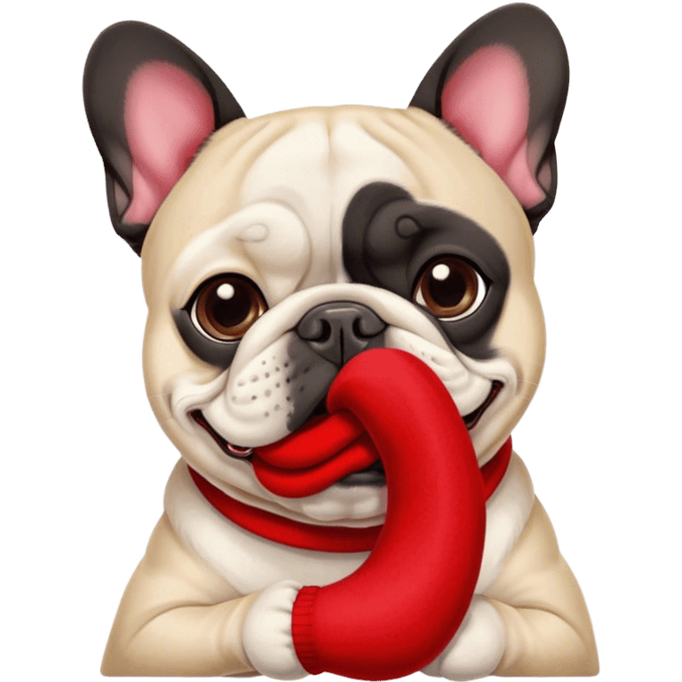 Black and white Bouledogue français eating a red sock  emoji