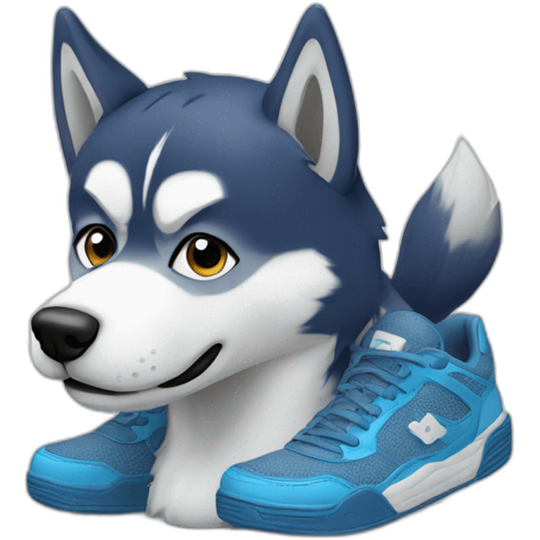 Husky with sneakers and blue sweat emoji