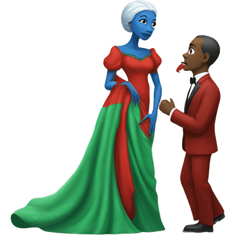 Beatiful tall blue skin female reptilian in red dress, kissing white man in green dress, full figure, full body emoji