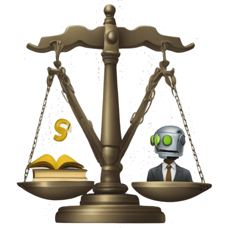 a balance of justice with a robot head in one side and a school on the other side emoji