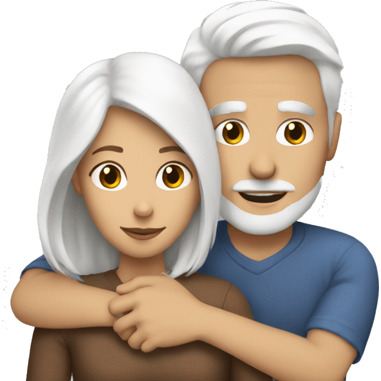 guy with white hair hugs woman with brown hair emoji