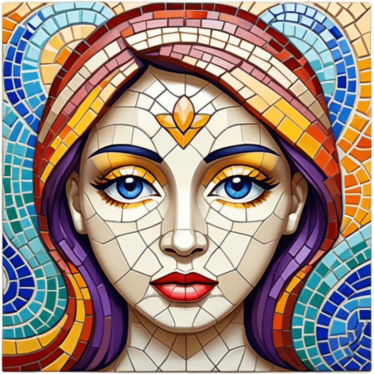 Mosaic art icon, colorful tiles forming a detailed picture, like a landscape or portrait, intricate patterns, some tiles in process of placement, minimalistic style, clean lines, transparent background. emoji