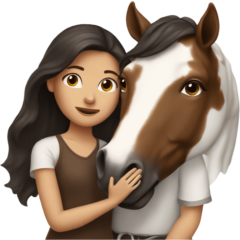 Girl with dark brown hair hugging brown horse with white spots  emoji