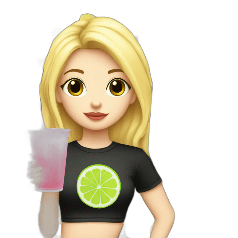 blonde girl straw drinking pink lemonade with one green lemon in the cup, with black watch black t shirt emoji