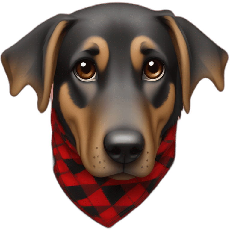 75% Coonhound 25% German Shepherd mix dog wearing small pointed red buffalo plaid bandana side view full body facing left emoji