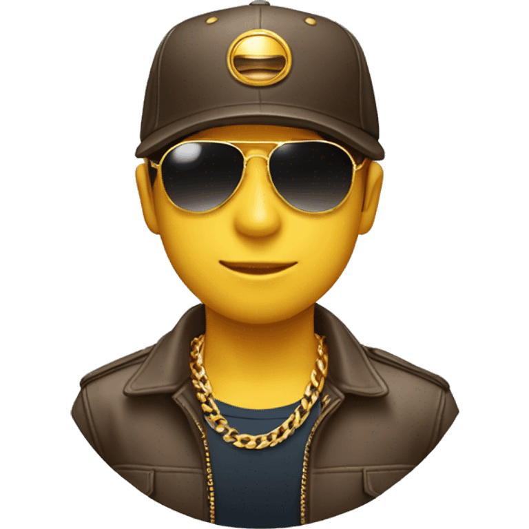 A circular emoji with a pair of aviator sunglasses COOL, a backwards baseball cap tilted slightly, and a gold chain around its neck. Make the overall expression slightly smug and confident. emoji