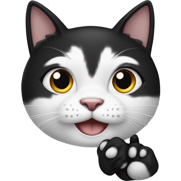 A black and white cat waves its paw emoji