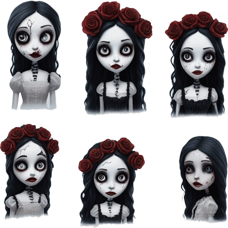 full height, tim burton "corpse bride", porcelain doll with a cracked face, goth makeup watery eyes, long hair, lace and ruffles, lolita style, inked, black and white, red roses emoji