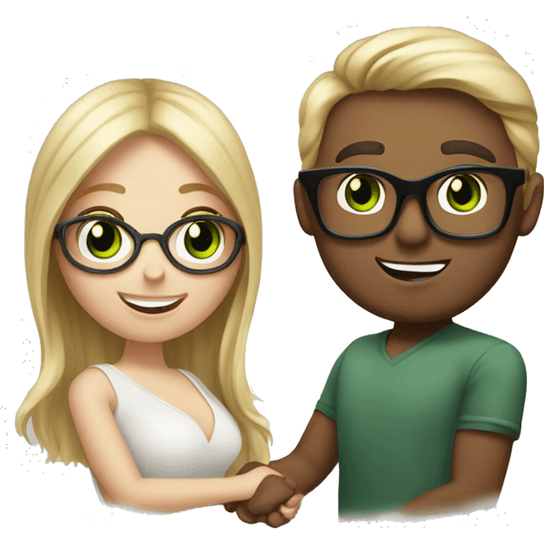 A blonde girl with dark green eyes and freckles gets proposed to by her White skinned brunette boyfriend with brown eyes and glasses emoji