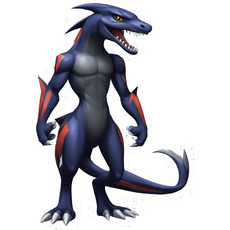 Black, Modern, Cool, Edgy, Badass, Punk-style Garchomp-Nargacuga-Sergal Fakémon-Digimon with sharp edgy striking detailed stripe-markings,  full body emoji