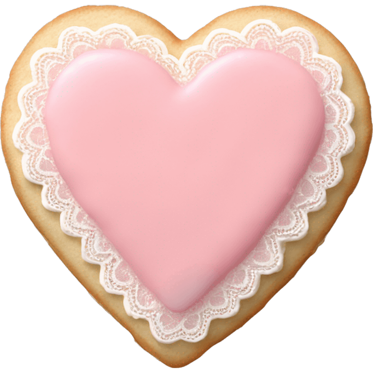 singular heart shaped sugar cookie with pale pink icing and lace emoji