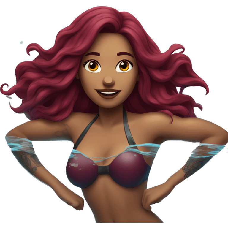 Beautiful tattooed  burgundy long haired woman swimming in a pool emoji