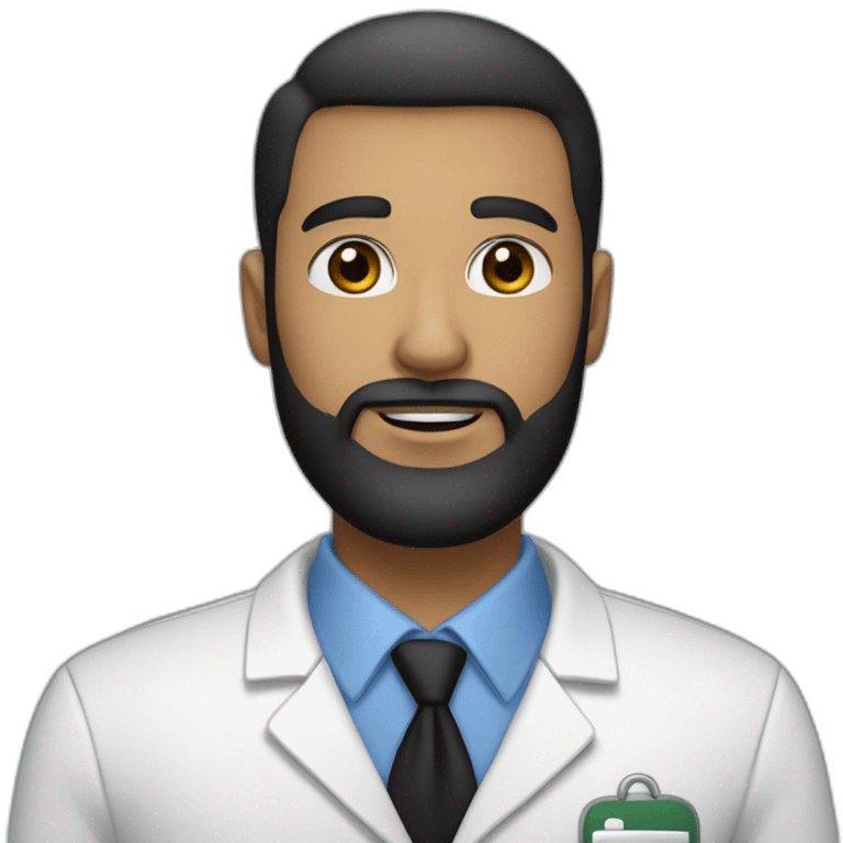 A light-skinned, relatively tall, English-style man, with a medical uniform and a medium-shaded black beard, handsome black eyes, and a round figure. emoji