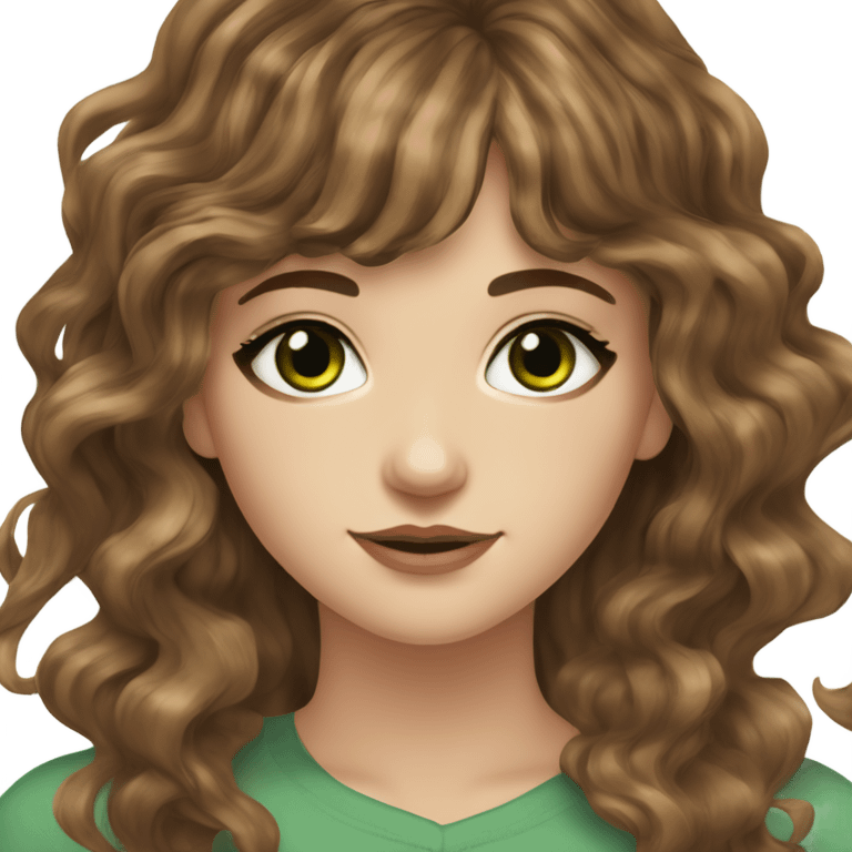 White girl green eyes with long wavy brown hair with brown highlights balayage bangs emoji