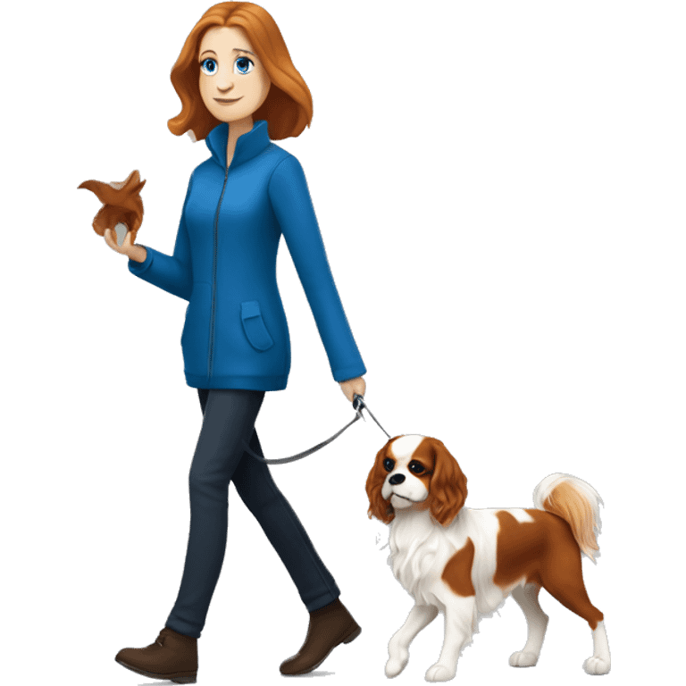 A white woman with blue eyes walks with a cavalier King Charles spaniel emoji