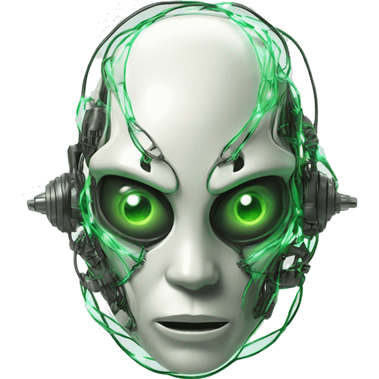 Alien cyborg head with glowing wires and green eyes  emoji