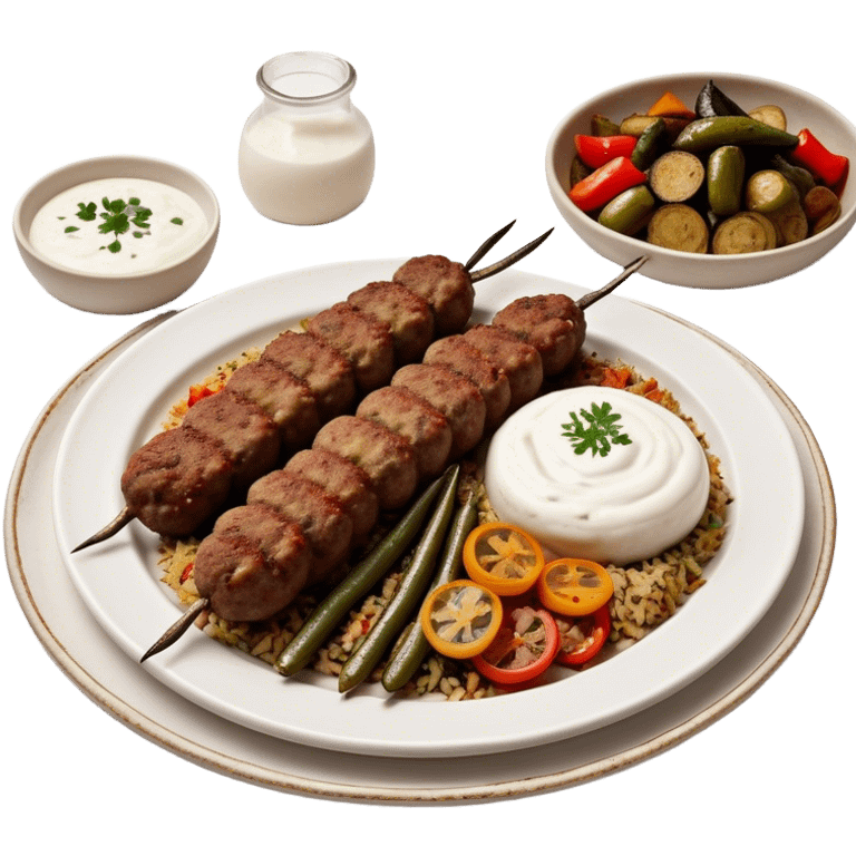 Cinematic Realistic image of a long, hand shaped Turkish Köfte, rendered with richly spiced meat textures and subtle grill marks, artfully arranged on a traditional Turkish ceramic plate alongside classic sides such as a serving of aromatic pilaf, crisp grilled vegetables, and a dollop of creamy yogurt, all bathed in warm, appetizing lighting that emphasizes its savory allure. emoji