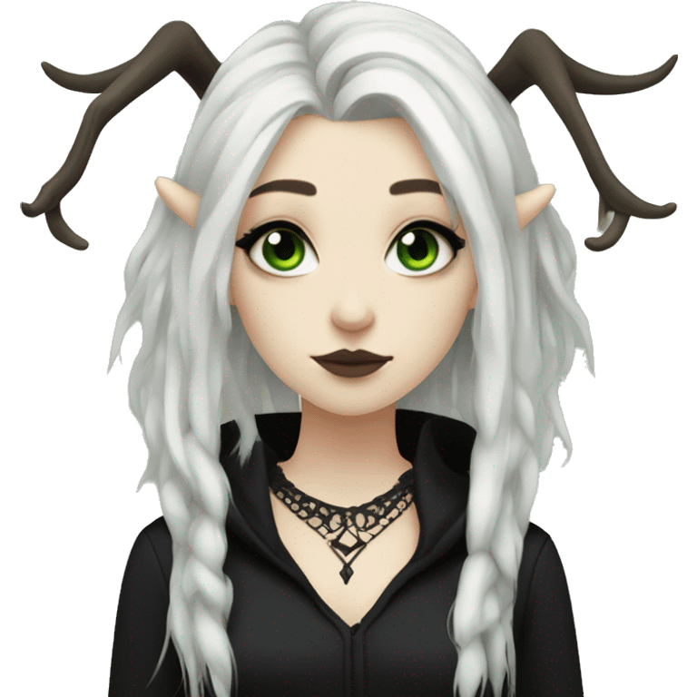 gothic girl, pale skin, green eyes, black dreads, bangs, black clothes, eyeliner, deer antlers  emoji