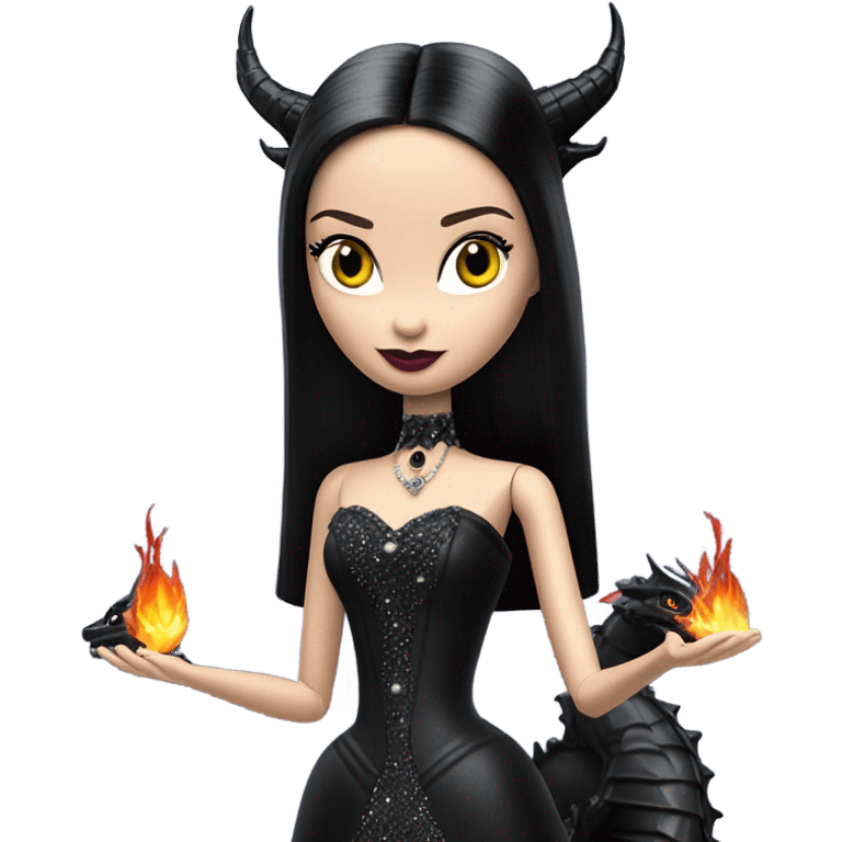 Victorian evening dressed, Teen Morticia Addams Barbie Jedi wearing a mini tiara, riding on the back of a very large black shiny evil-looking fire-spewing horned dragon emoji