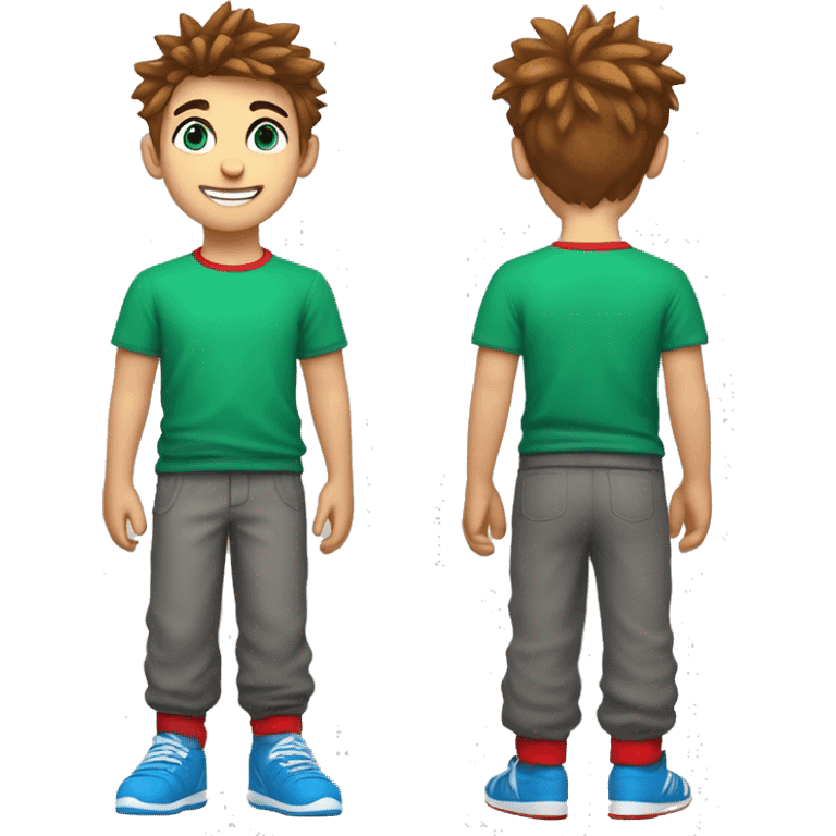 A boy with bright blue eyes, brown spiked hair, a blue smartwatch on his left arm, with a silky red shirt, green soft sweatpants, grey and white socks, and a happy smile with red and black braces emoji