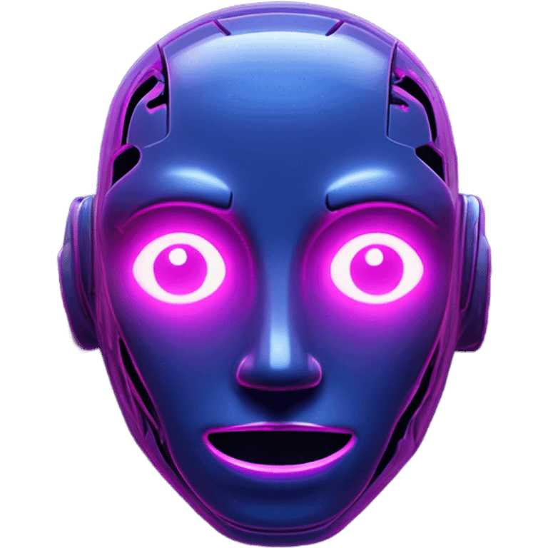 A glossy robot face icon subtly pressed into a midnight-blue panel, lit by neon pink and purple rim lights that cast gentle neumorphic shadows. emoji