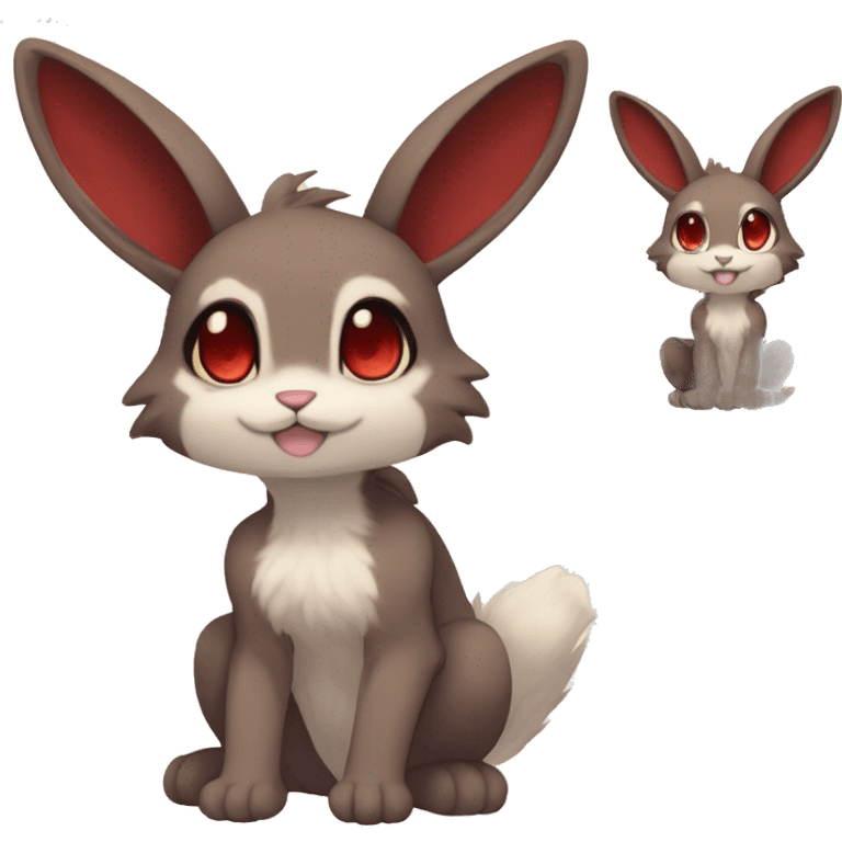 Cute, Chibi, Kemono-style, Anthro, Fur-Sona, Dark-Brown, Normal-type-Ground-type Tan-Rabbit-Fakémon with Dark-Red eyes, beige belly, beige paws, beige feet, beige freckles, full body emoji