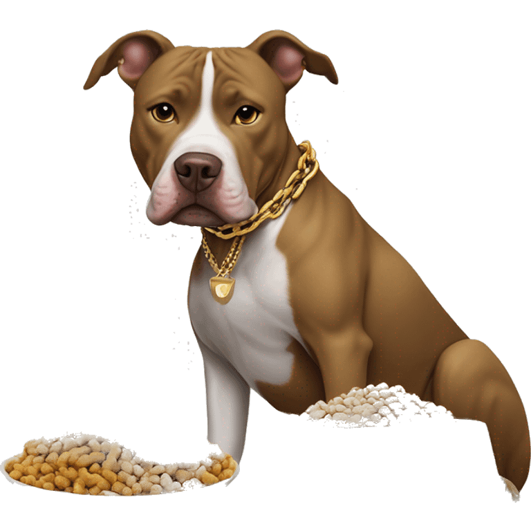 A dog pitbull with a big gold chain on that says “G-UNIT” and a bowl of dog food right next to the dog that says “G-UNIT” on the bowl  emoji