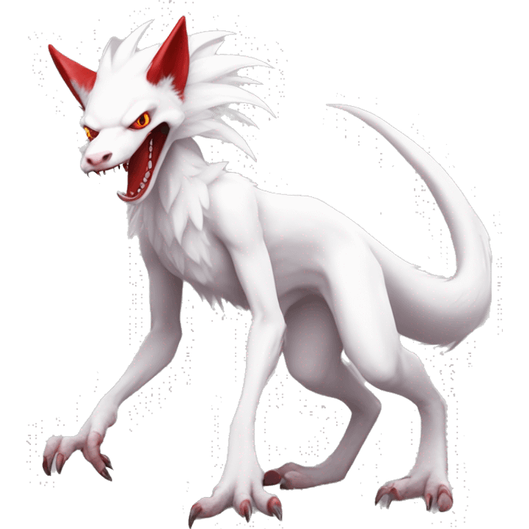 White edgy cute epic anthro albino sergal-vernid-Fakémon with red mane and red eyes, full body emoji