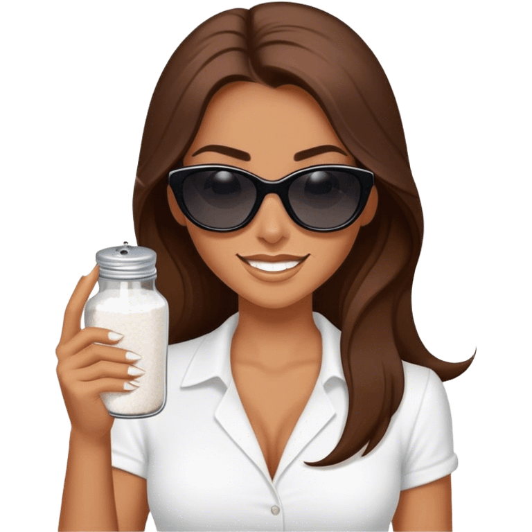 sassy woman with long brown hair, tan skin, and dark sunglasses holding a salt shaker filled with white table salt. She is sprinkling the salt out from the shaker. She is smirking.  emoji