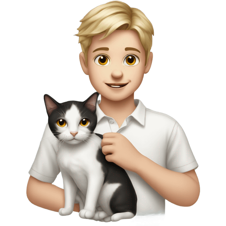 boy in white shirt portrait with a cat emoji