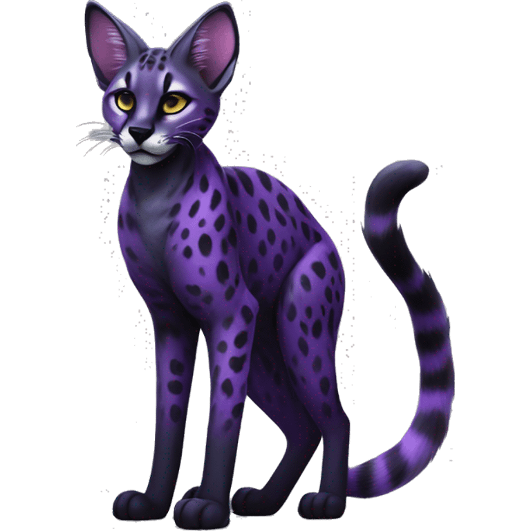 Epic Edgy Colorful Cool Cute Realistic Black and Purple ethereal Serval-Fionbri fursona with white belly full body emoji