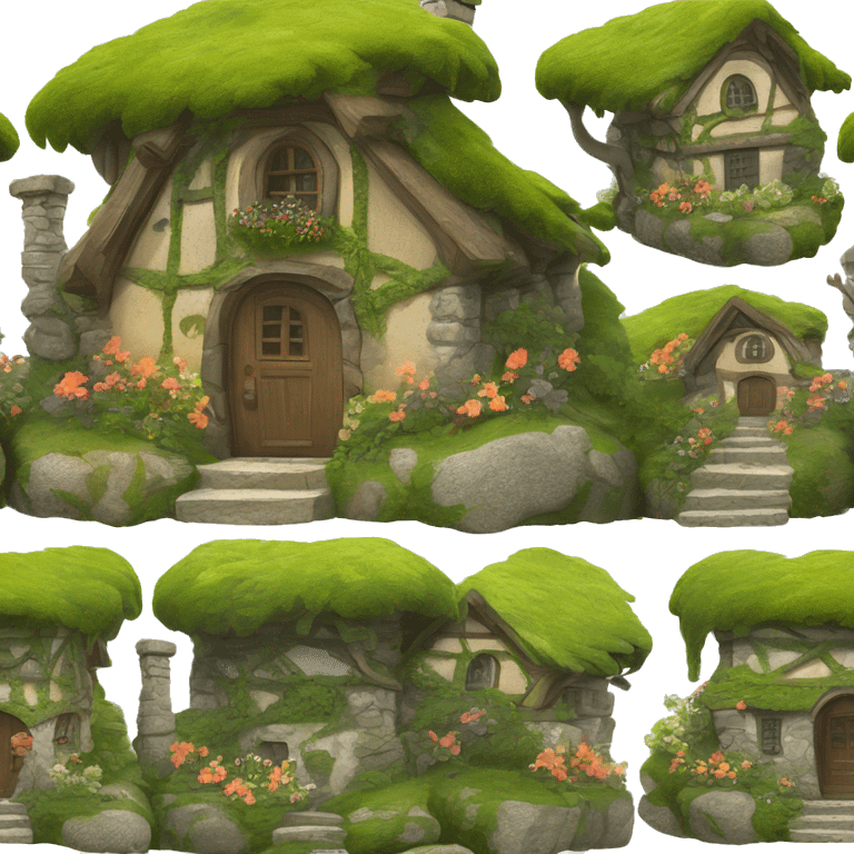 A cozy fantasy cottage made of stone and wood, covered in moss, vines, and flowers emoji