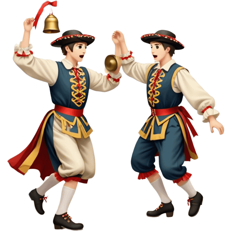 Cinematic Realistic scene of two performers executing a Morris Dance in full traditional costume—with bells, ribbons, and clogs—captured in dynamic motion against a rustic English backdrop and warm, golden lighting emoji