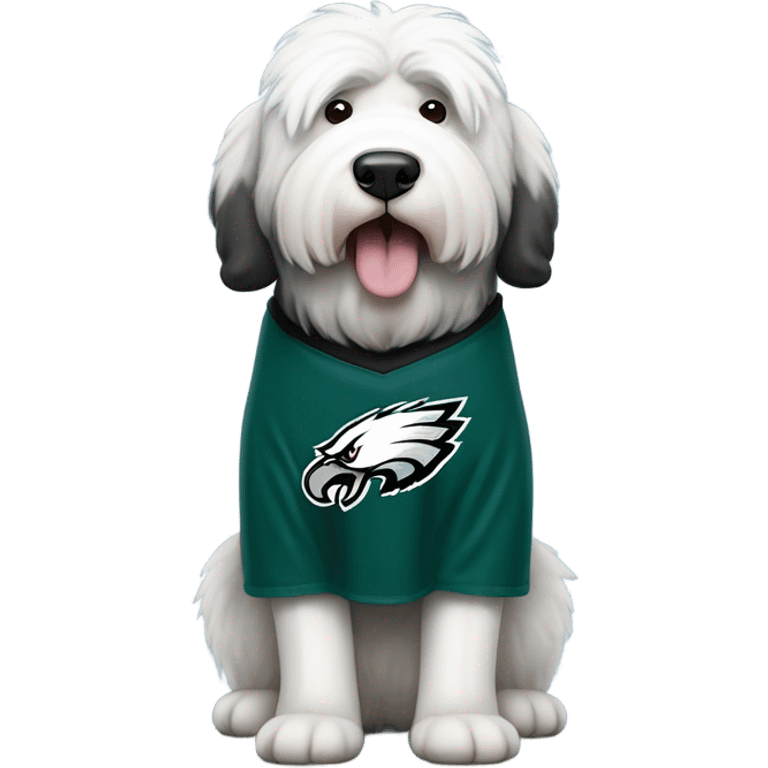 Old English Sheepdog full height wearing a Philadelphia Eagles shirt emoji