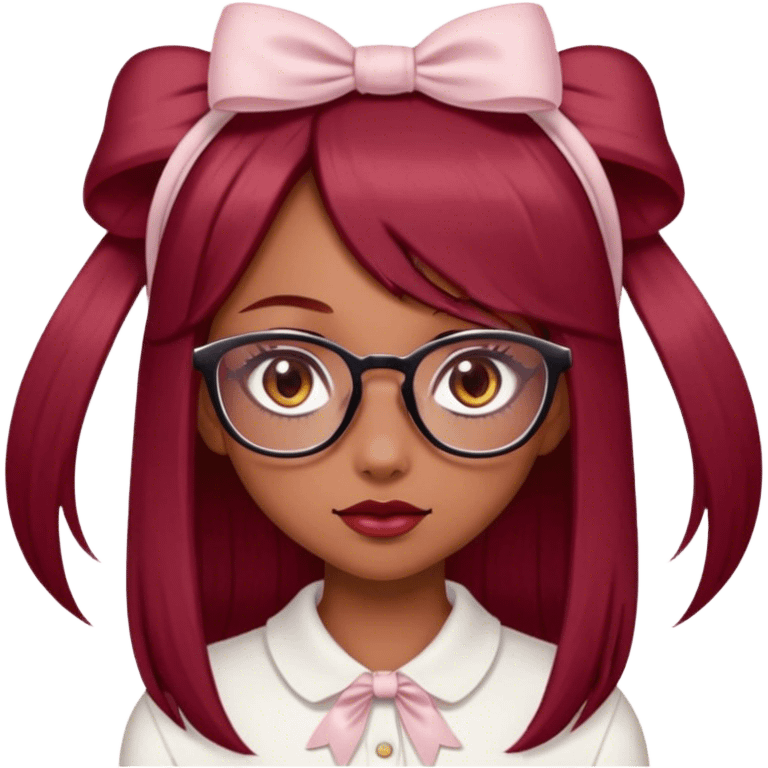 Beautiful girl with light brown skin, almond-shaped eyes, long straight hair, "dark cherry red" hair color, delicate and pretty glasses, small bow on her head and clean girl aesthetics  emoji