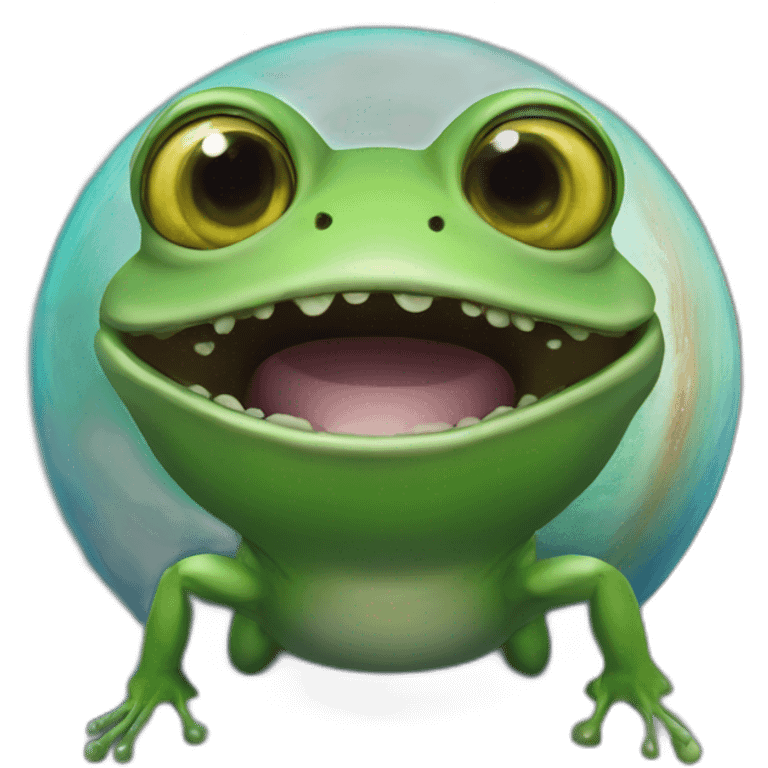 planet Saturn with a cartoon grinning frog face with big eyes emoji