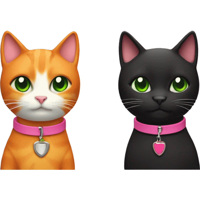 orange cat with green collar and black cat with pink collar  emoji