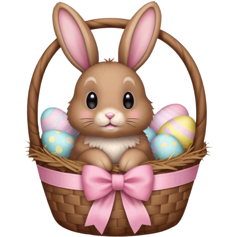 Floppy-eared fluffy brown bunny with a bow, sitting in a pastel Easter basket emoji