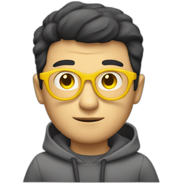 White man with yellow tinted glasses and black hair in a gray jumper and sitting on a chair emoji