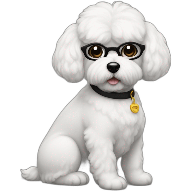 mujer con gafas pelo negro moño y perro bichon blanco emoji