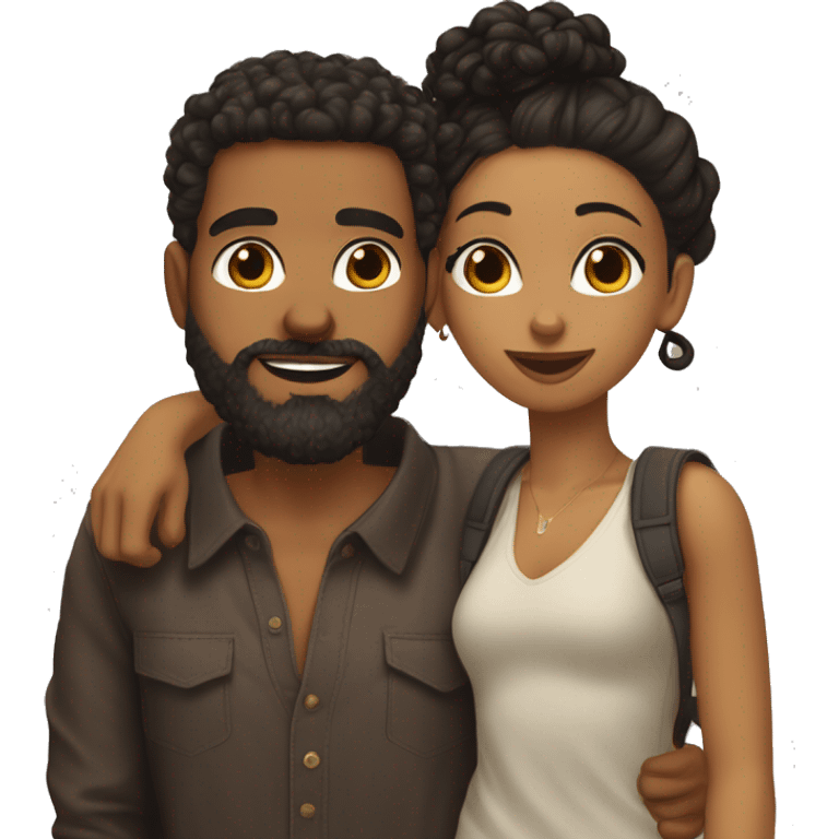 Tan man with dark brown man bun with taper fade and full beard giving dark brown curly haired thick tan woman a kiss emoji