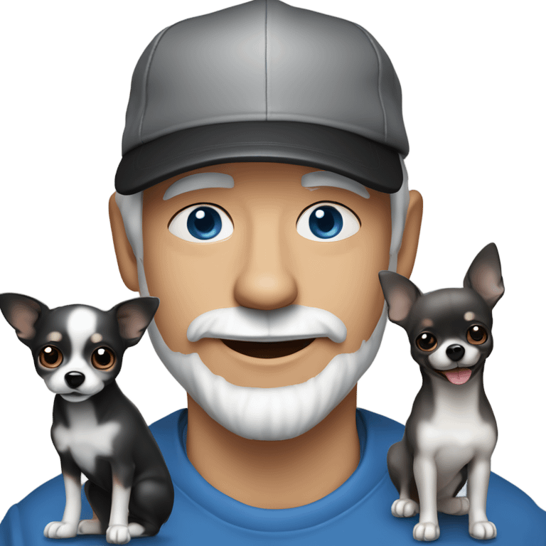 blue eyes gray hair gray goatee man in ball cap holding black longhair chihuahua  emoji